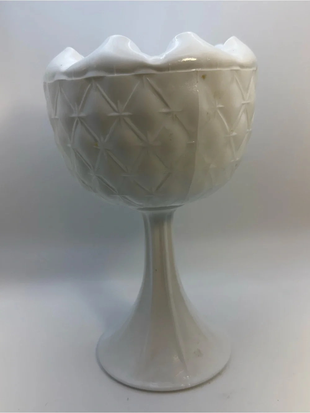Vintage Milk Glass Compote Candy Pedestal Dish Quilted Duette Pattern 9” Cottage